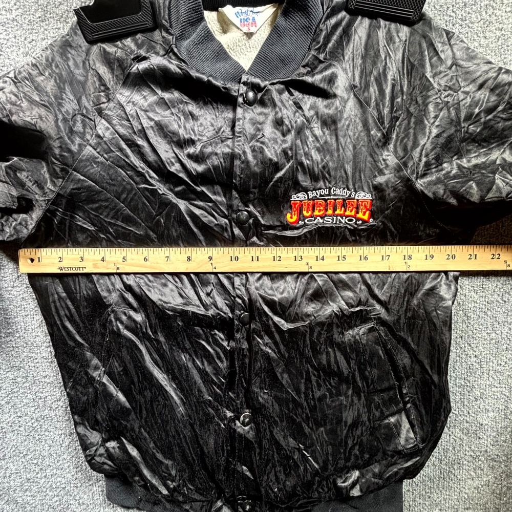 VTG 80s West Ark Bayou Caddy’s Jubilee Casino Satin Bomber Jacket Men's S Black - Picture 7 of 14